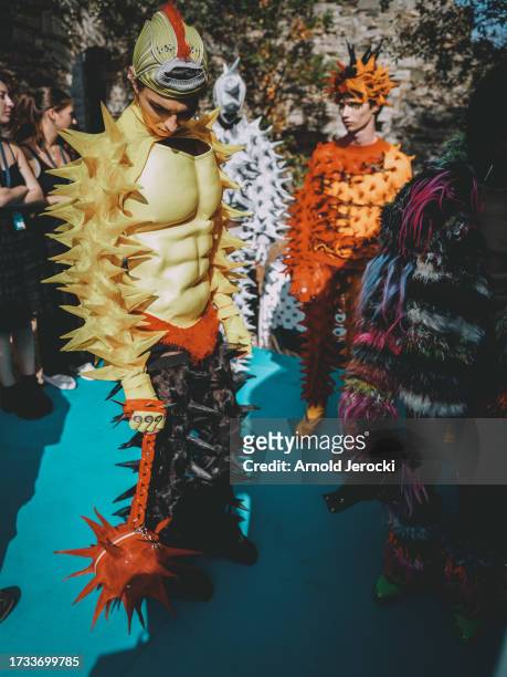 Models present creations during the 38th International Festival Of Fashion, Photography And Fashion Accessories on October 13, 2023 in Hyeres, France.