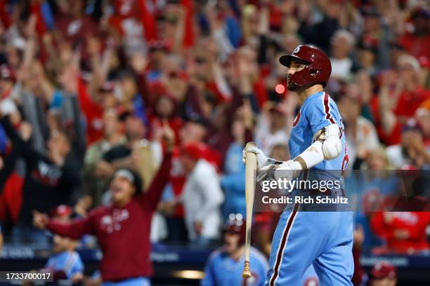 Nick Castellanos of the Philadelphia Phillies hits a home run in the fourth inning against the Atlanta Braves during Game Four of the Division Series...