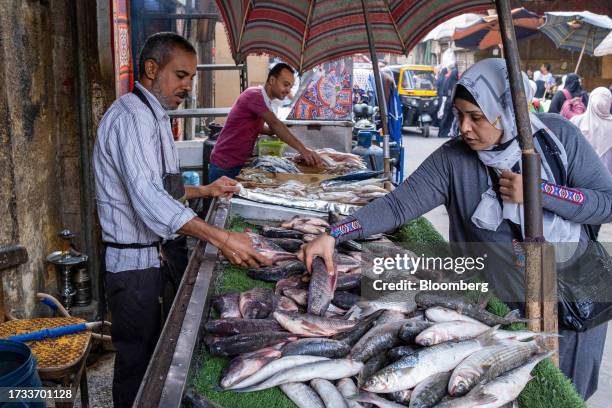 Customer selects a fish on a fishmongers stall at the Al-Mgharblin food market in the al-Darb al-Ahmar district of Cairo, Egypt, on Wednesday, Oct....