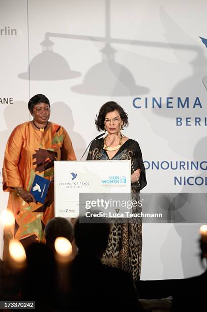 Fatou Bensouda and Bianca Jagger attend the Cinema for Peace UN women honorary dinner at Soho House on July 12, 2013 in Berlin, Germany.