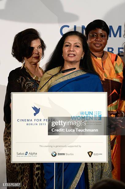 Bianca Jagger, Lakshmi Puri and Fatou Bensouda attend the Cinema for Peace UN women honorary dinner at Soho House on July 12, 2013 in Berlin, Germany.