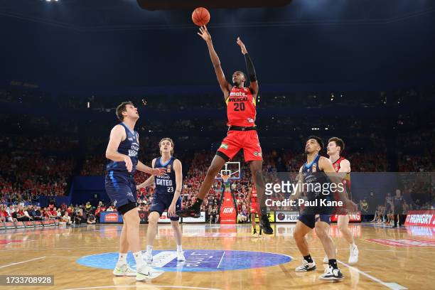 Alex Sarr of the Wildcats puts a shot up during the round three NBL match between Perth Wildcats and Melbourne United at RAC Arena, on October 13 in...