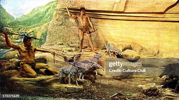 Prehistoric man - Azilian culture. Reconstruction of hunting scene. Remains found in modern- day northern Spain and southern France. Lived around...