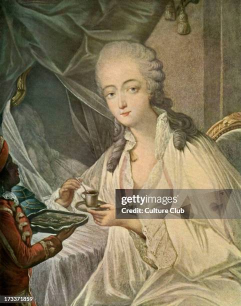 Madame Du Barry and the page Zamore - engraved by Jean-Baptiste André Gautier Dagoty She is being served a drink by a black servant . MB: Last head...