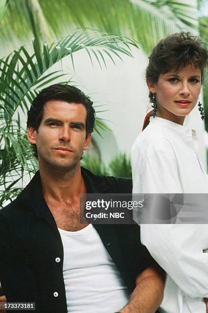 The Steele That Wouldn't Die: Part 1 & 2" Episode 501 & 502 -- Pictured: Pierce Brosnan as Remington Steele, Stephanie Zimbalist as Laura Holt --