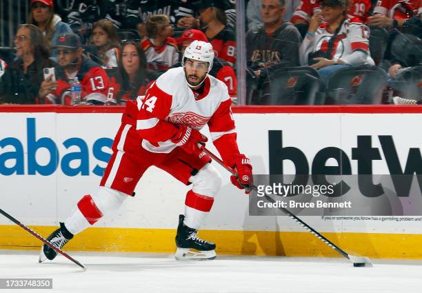 Robby Fabbri of the Detroit Red Wings skates against the New Jersey Devils at the Prudential Center on October 12, 2023 in Newark, New Jersey.