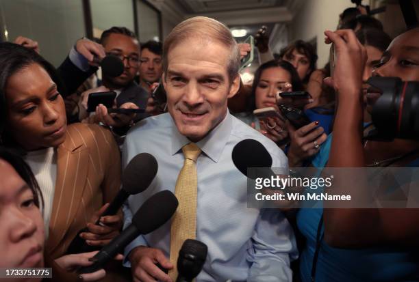 Rep. Jim Jordan speaks to reporters as House Republicans hold a caucus meeting at the Longworth House Office Building on October 13, 2023 in...