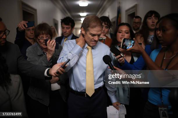 Rep. Jim Jordan speaks to reporters as House Republicans hold a caucus meeting at the Longworth House Office Building on October 13, 2023 in...