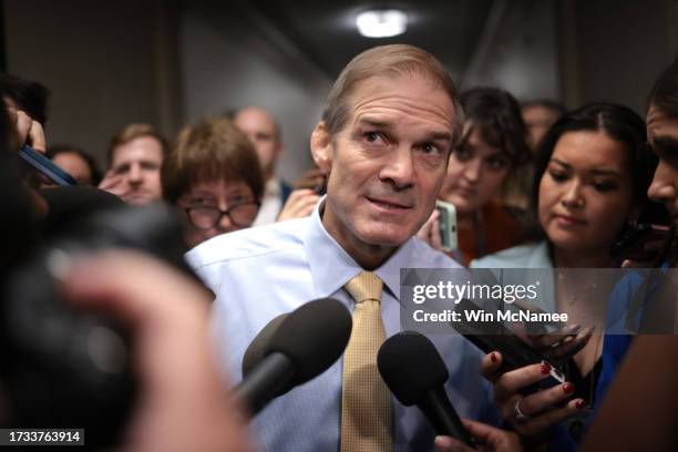 Rep. Jim Jordan speaks to reporters as House Republicans hold a caucus meeting at the Longworth House Office Building on October 13, 2023 in...