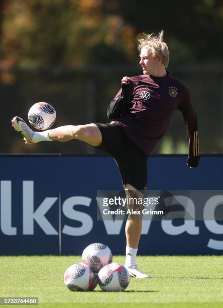Julian Brandt juggles with the ball during a training session of the German national football team at New England Revolution training center on...