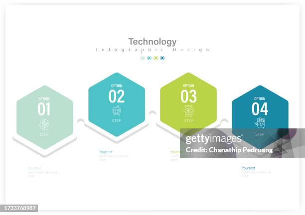 four steps technology infographic design template vector stock illustration. business, concepts, hexagon, icons, steps, ideas - hexagon chart stock illustrations