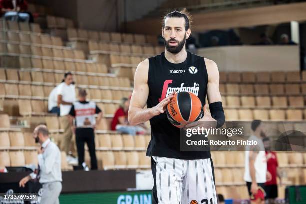 Tornike Shengelia of Virtus Segafredo Bologna in action during the warm up prior of the Turkish Airlines EuroLeague match between AS Monaco and...