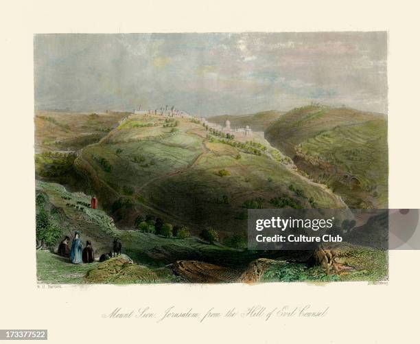 The Holy Land - Mount Sion ,Jerusalem, from the Hill of Evil Counsel c.1840 hand coloured engraving. Drawn by William Henry Bartlett : 26 March 1809...