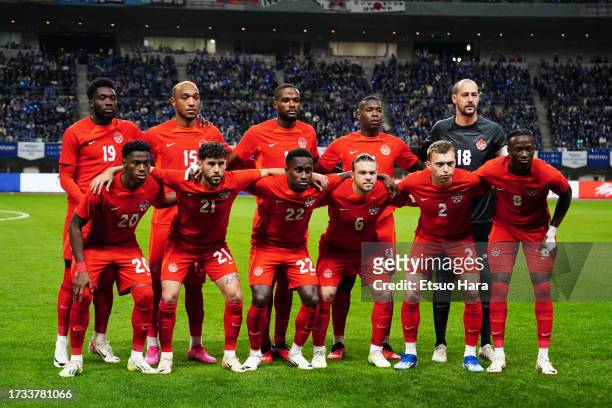 Players of Canada line up for the team photos prior to the international friendly match between Japan and Canada on October 13, 2023 in Niigata,...