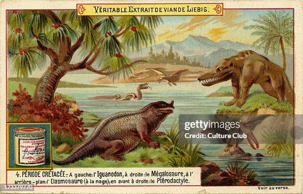 Geological Periods. Published 1892. Cretaceous period . Translation: 'Left: Iguanadon, right: Megalosaurus, in background: Elasmosaurus ;...