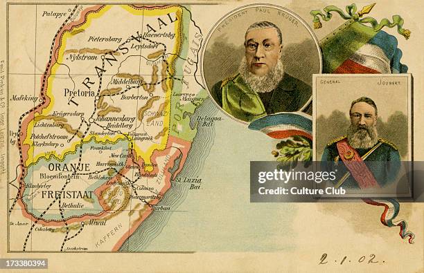 Map of Transvaal and the Orange Free State. Portraits of General Joubert and President Kruger . Piet Joubert was the Commander-General of the South...