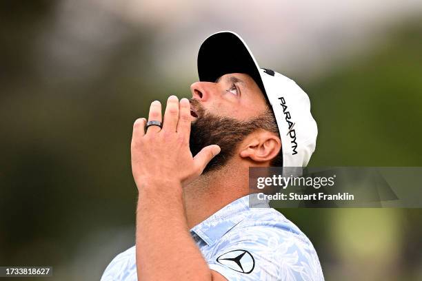 Jon Rahm of Spain reacts on the 17th hole on Day Two of the acciona Open de Espana presented by Madrid at Club de Campo Villa de Madrid on October...