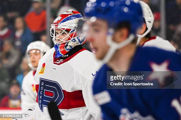 Look on Laval Rocket goalie Strauss Mann during the game between the Rochester Americans versus the Laval Rocket on October 18, 2023 at Place Bell in...