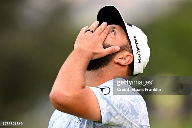 Jon Rahm of Spain reacts on the 17th hole on Day Two of the acciona Open de Espana presented by Madrid at Club de Campo Villa de Madrid on October...