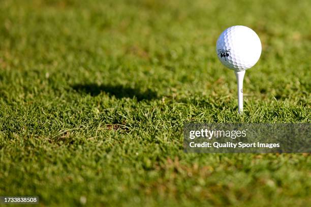 Detail of the ball before playing a tee shot on Day Two of the acciona Open de Espana presented by Madrid at Club de Campo Villa de Madrid on October...