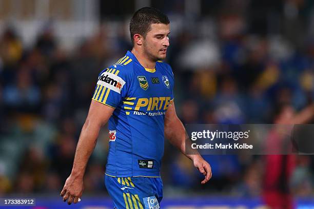 Luke Kelly of the Eels looks dejected after their loss during the round 18 NRL match between Parramatta Eels and the Penrith Panthers at Parramatta...