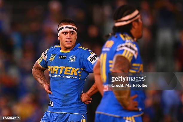 Kaysa Pritchard of the Eels looks dejected after their loss during the round 18 NRL match between Parramatta Eels and the Penrith Panthers at...