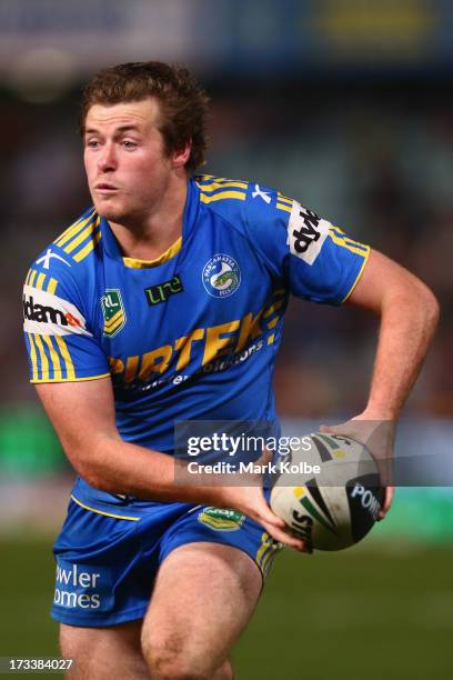 Jake Mullaney of the Eels looks to pass during the round 18 NRL match between Parramatta Eels and the Penrith Panthers at Parramatta Stadium on July...