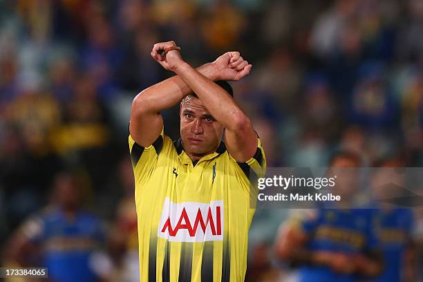 Referee Henry Perenara places Kaysa Pritchard of the Eels on report during the round 18 NRL match between Parramatta Eels and the Penrith Panthers at...