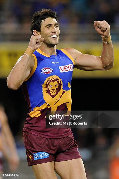 Brent Staker of the Lions celebrates a goal during the round 16 AFL match between the Brisbane Lions and the North Melbourne Kangaroos at The Gabba...