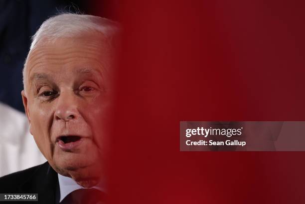 Jaroslaw Kaczynski, leader of the ruling national conservative Law and Justice party , speaks to supporters at the final PiS election rally before...