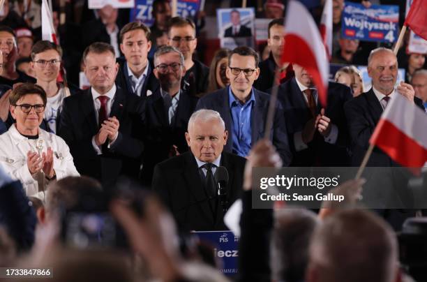 Jaroslaw Kaczynski , leader of the ruling national conservative Law and Justice party , speaks to supporters as Polish Prime Minister and leading PiS...