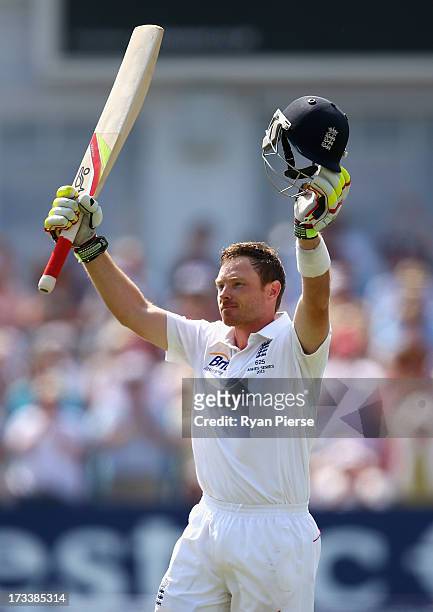 Ian Bell of England celebrates after reaching his century during day four of the 1st Investec Ashes Test match between England and Australia at Trent...