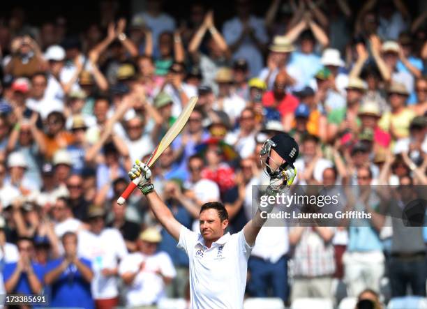 Ian Bell of England celebrates scoring a century during day four of 1st Investec Ashes Test match between England and Australia at Trent Bridge...