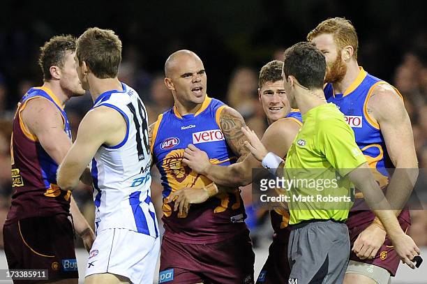 Ashley McGrath of the Lions reacts to the referee during the round 16 AFL match between the Brisbane Lions and the North Melbourne Kangaroos at The...