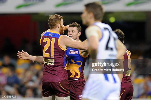 Pearce Hanley of the Lions celebrates a goal during the round 16 AFL match between the Brisbane Lions and the North Melbourne Kangaroos at The Gabba...