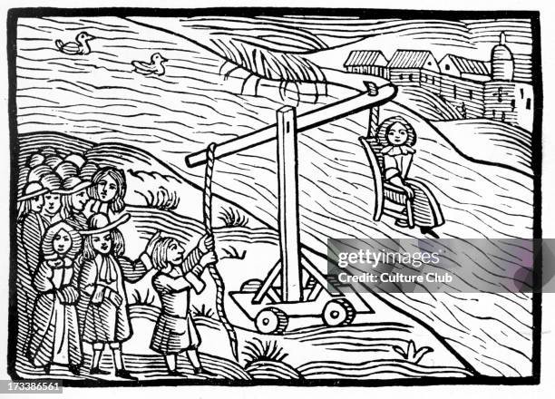 Woman on a ducking stool. Historical punishment for 'common scold' - woman considered a public nuisance by English/Welsh and American law.