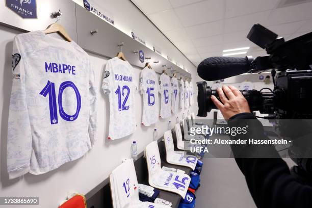 The kit of Kylian Mbappe is displayed inside the France dressing room prior to the UEFA EURO 2024 European qualifier match between Netherlands and...
