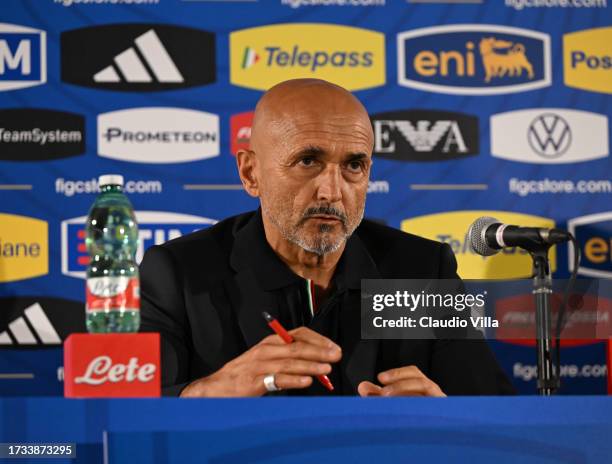 Head coach Italy Luciano Spalletti speaks with the media during a press conference at Stadio San Nicola on October 13, 2023 in Bari, Italy.