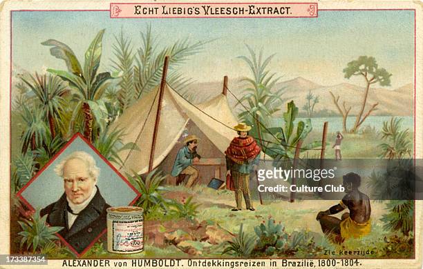Alexander von Humboldt 's discovery expedition in Brazil, 1800Published in 1891. Liebig Company series of Dutch collectible cards showing famous...