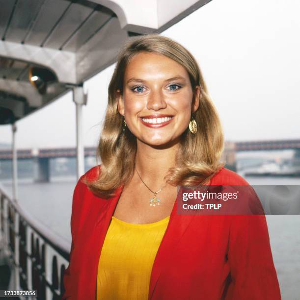 Portrait of Welsh television host and journalist Anneka Rice as she poses on a boat, London, England, September 29, 1983.