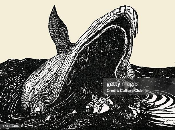 Just So Stories by Rudyard Kipling. The Whale swallowing the Mariner. Black and white illustration by Rudyard Kipling, English author and poet, 30...