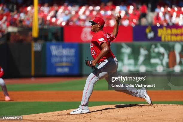 Hunter Greene of the Cincinnati Reds delivers a pitch against the St. Louis Cardinals at Busch Stadium on October 1, 2023 in St Louis, Missouri.