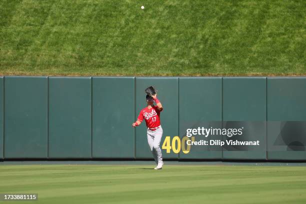 Stuart Fairchild of the Cincinnati Reds fields the ball against the St. Louis Cardinals at Busch Stadium on October 1, 2023 in St Louis, Missouri.