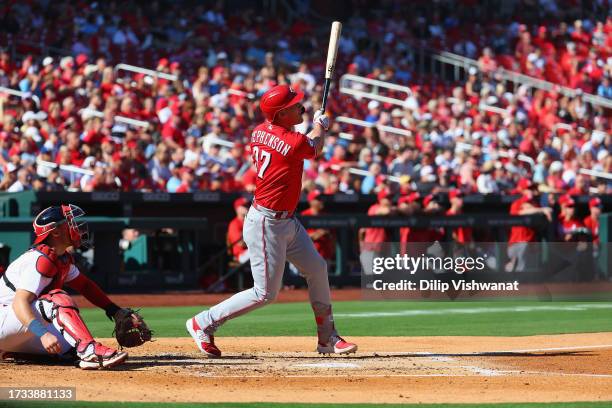 Tyler Stephenson of the Cincinnati Reds bats against the St. Louis Cardinals at Busch Stadium on October 1, 2023 in St Louis, Missouri.