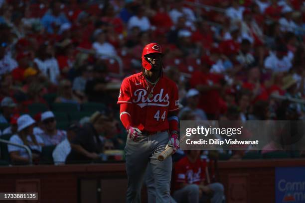 Elly De La Cruz of the Cincinnati Reds walks to home plate against the St. Louis Cardinals at Busch Stadium on October 1, 2023 in St Louis, Missouri.