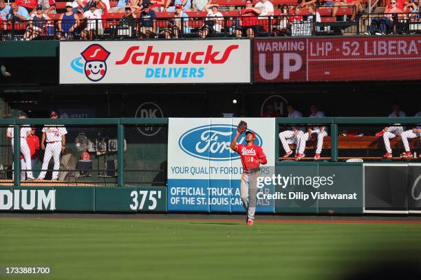 Will Benson of the Cincinnati Reds fields the ball against the St. Louis Cardinals at Busch Stadium on October 1, 2023 in St Louis, Missouri.