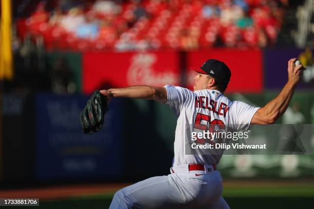Ryan Helsley of the St. Louis Cardinals delivers a pitch against the Cincinnati Reds at Busch Stadium on October 1, 2023 in St Louis, Missouri.