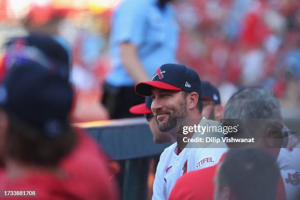 Adam Wainwright of the St. Louis Cardinals in the dugout during a game against the Cincinnati Reds at Busch Stadium on October 1, 2023 in St Louis,...