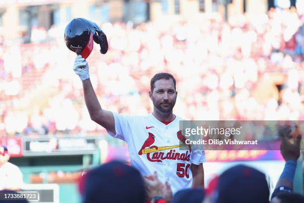 Adam Wainwright of the St. Louis Cardinals acknowledges the fans during a game against the Cincinnati Reds at Busch Stadium on October 1, 2023 in St...