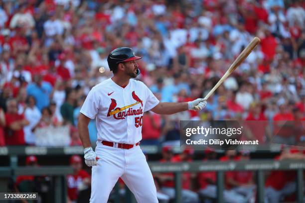 Adam Wainwright of the St. Louis Cardinals bats against the Cincinnati Reds at Busch Stadium on October 1, 2023 in St Louis, Missouri.